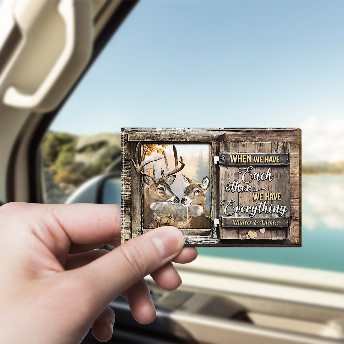 Fahr vorsichtig! Ich liebe dich! – Personalisierter Sonnenblendenclip in Jagdform