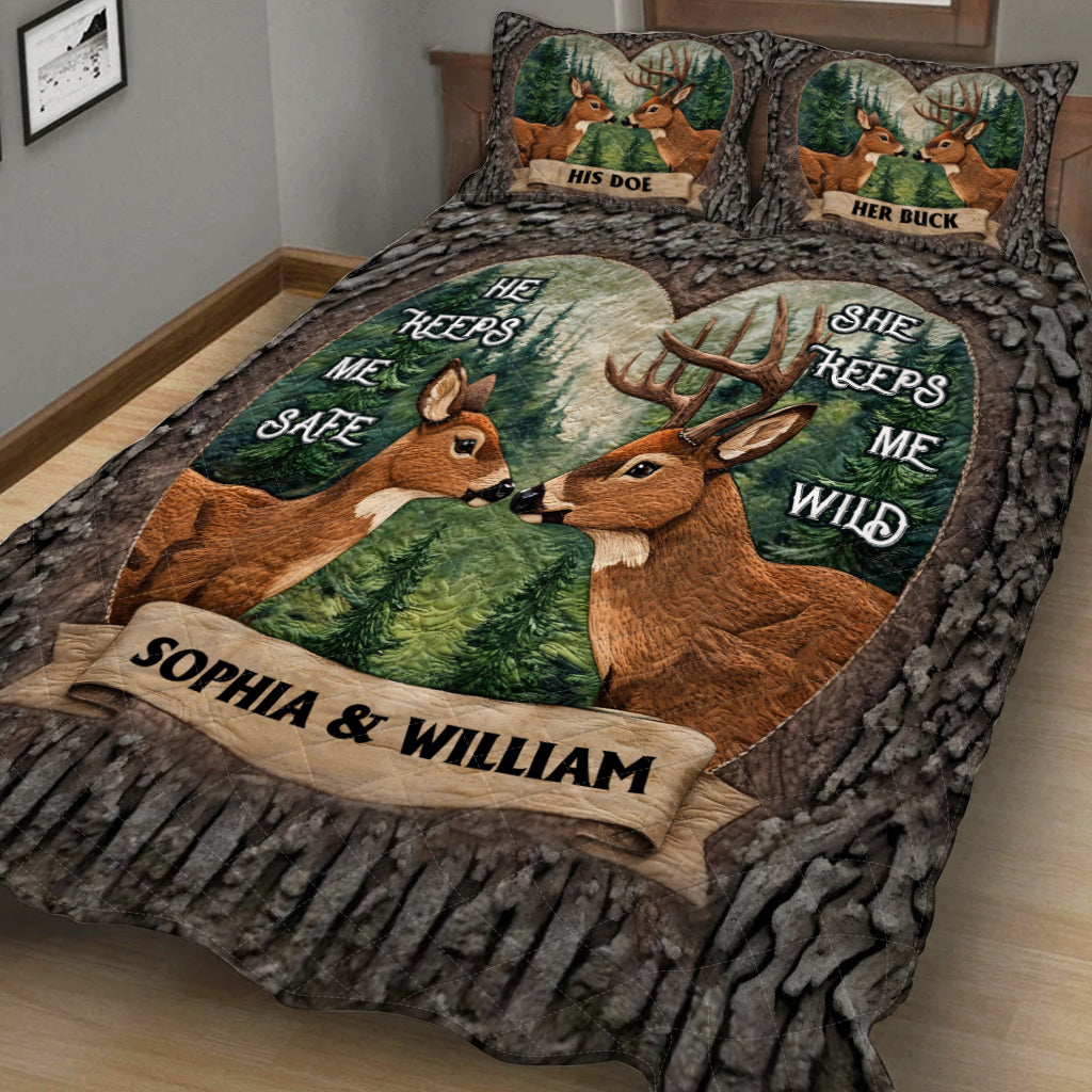 An Old Buck & His Sweet Doe - Personalized Hunting Quilt Set