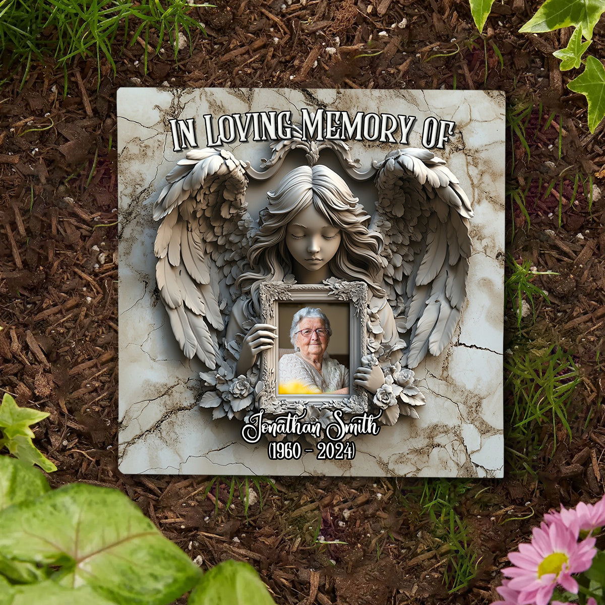 Angel Wings - Personalized Memorial Square Shaped Stone