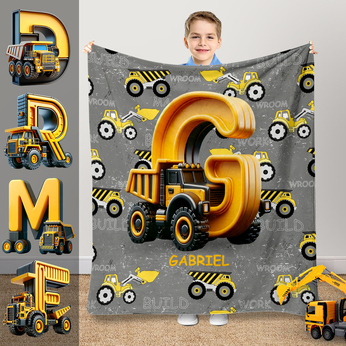 Construction Vehicles Letter - Personalized Kid Blanket