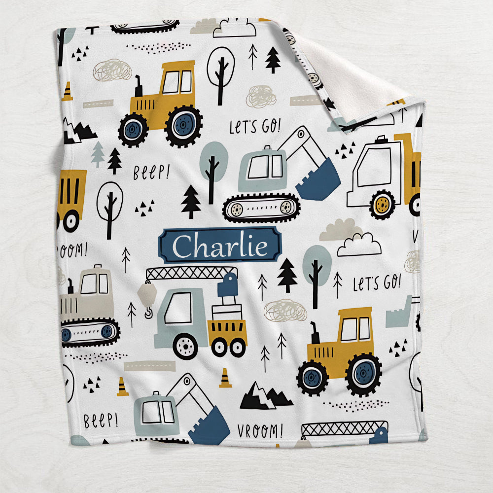 Cute Construction Vehicles - Personalized Kid Blanket