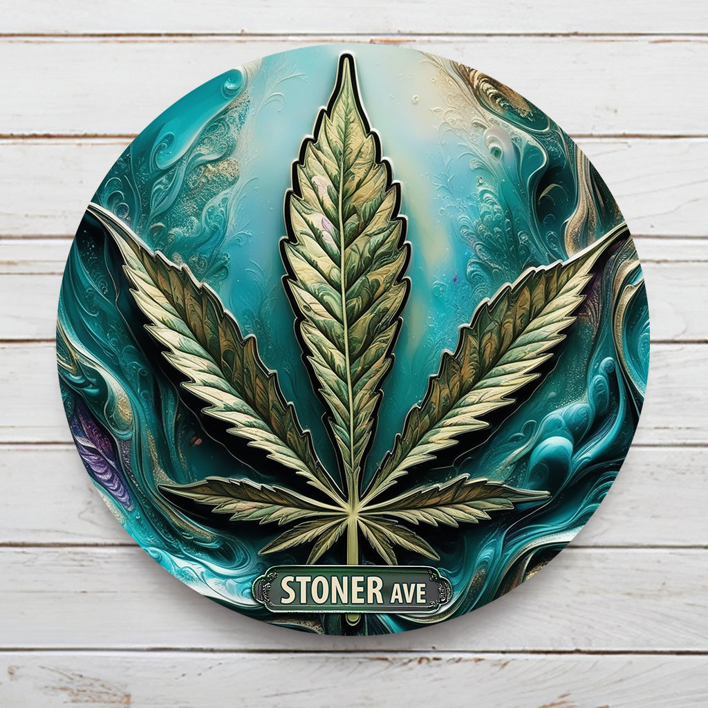 Stoner Avenue – Personalisiertes rundes Metallschild mit Weed-Motiv