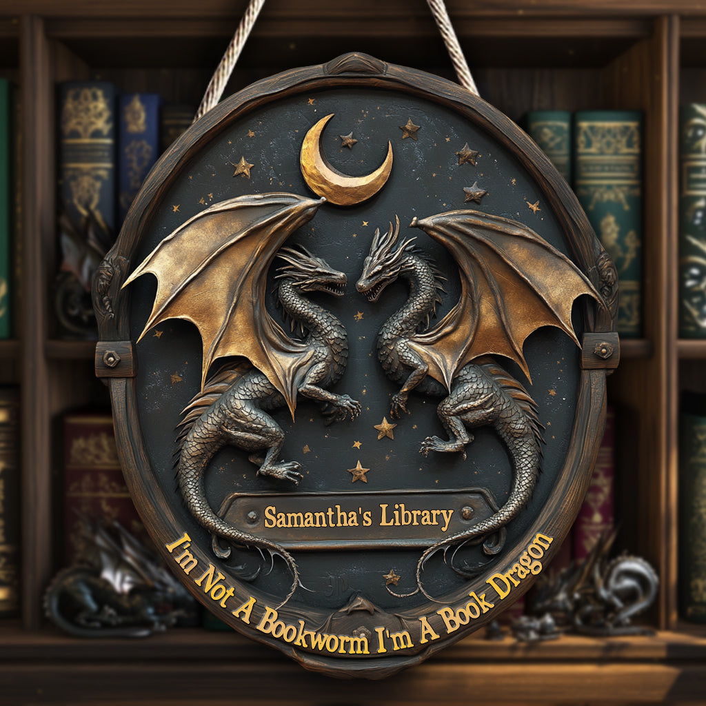 Ich bin kein Bücherwurm, ich bin ein Bücherdrache – personalisiertes Holzschild in Buchform
