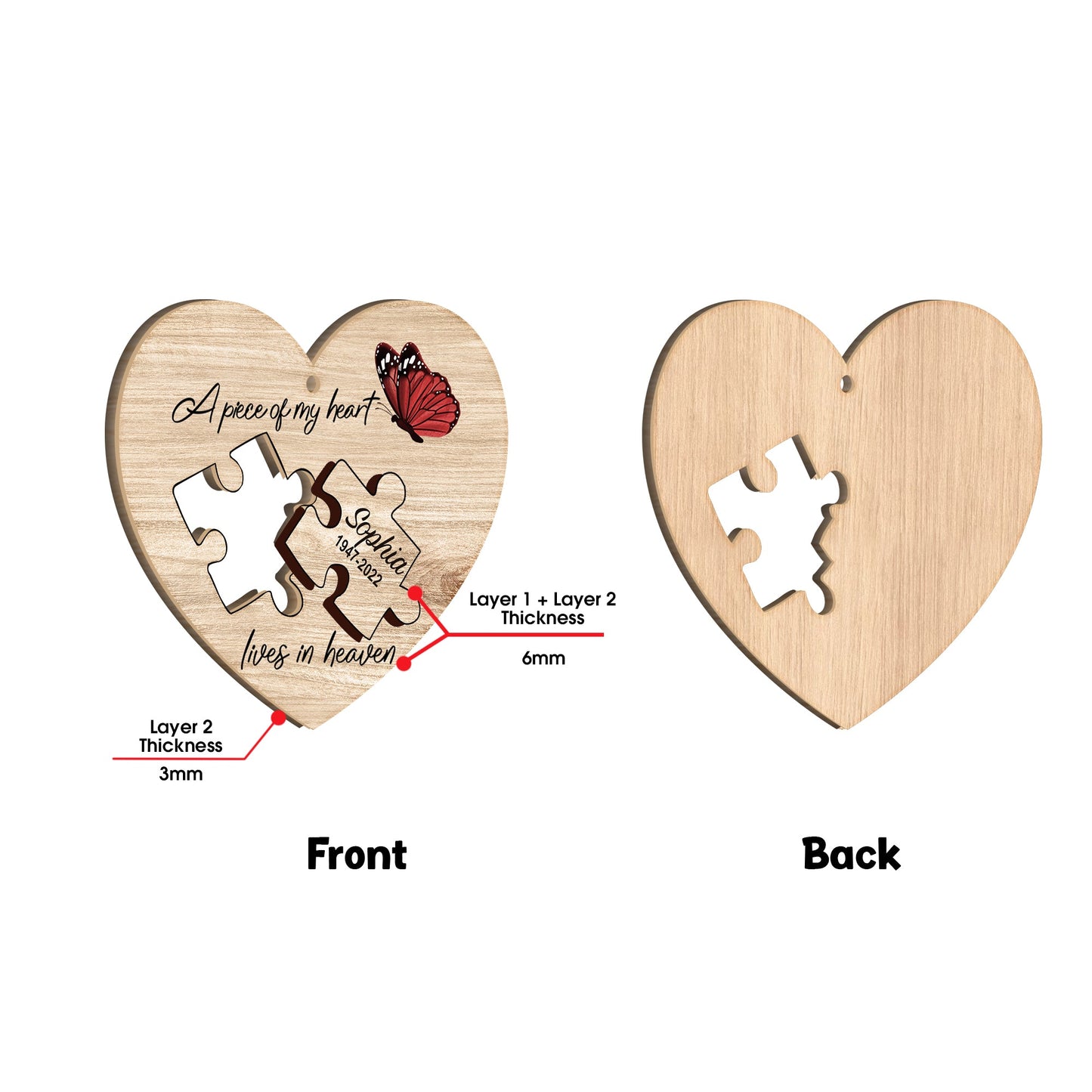 A Piece Of My Heart Lives In Heaven - Personalized Memorial 2 Layered Piece Ornament