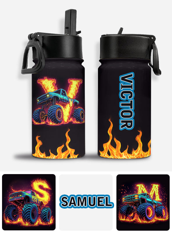 Boy's Cool Monster Truck Print Water Bottle - Personalized Kid Kids Water Bottle