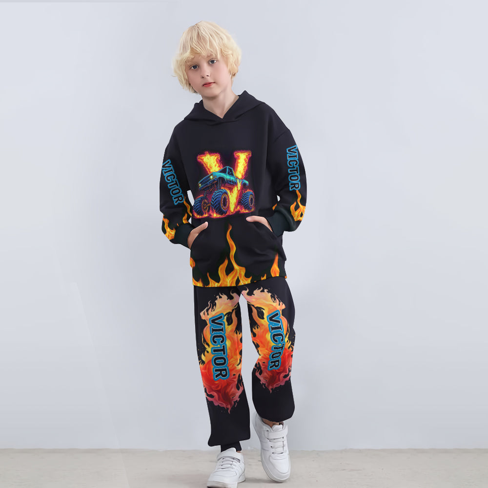 Cooles Monster-Truck-Outfit für Jungen – personalisierter Kinder-Hoodie und Kinder-Jogginghose