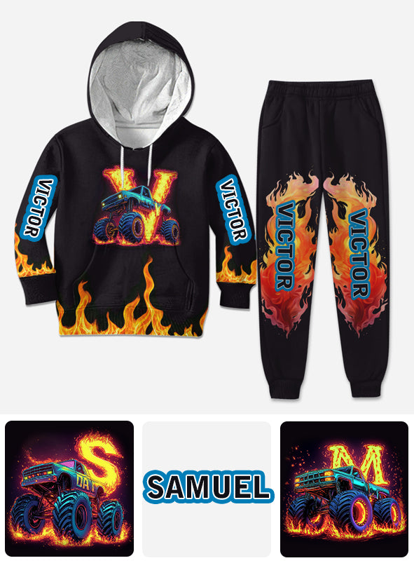 Cooles Monster-Truck-Outfit für Jungen – personalisierter Kinder-Hoodie und Kinder-Jogginghose