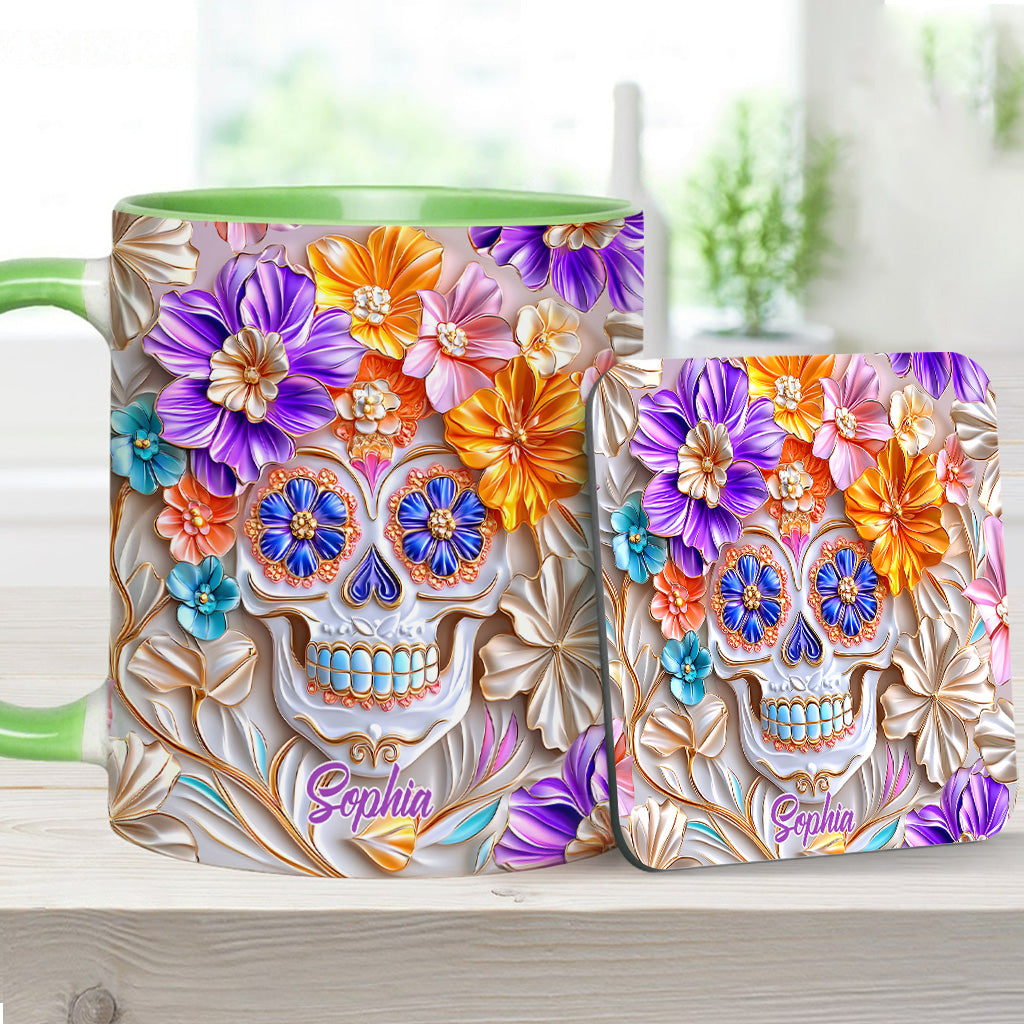 Personalisierte Tasse mit Totenkopf-Motiv und Blumendekor