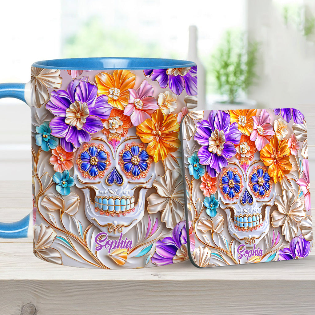 Personalisierte Tasse mit Totenkopf-Motiv und Blumendekor
