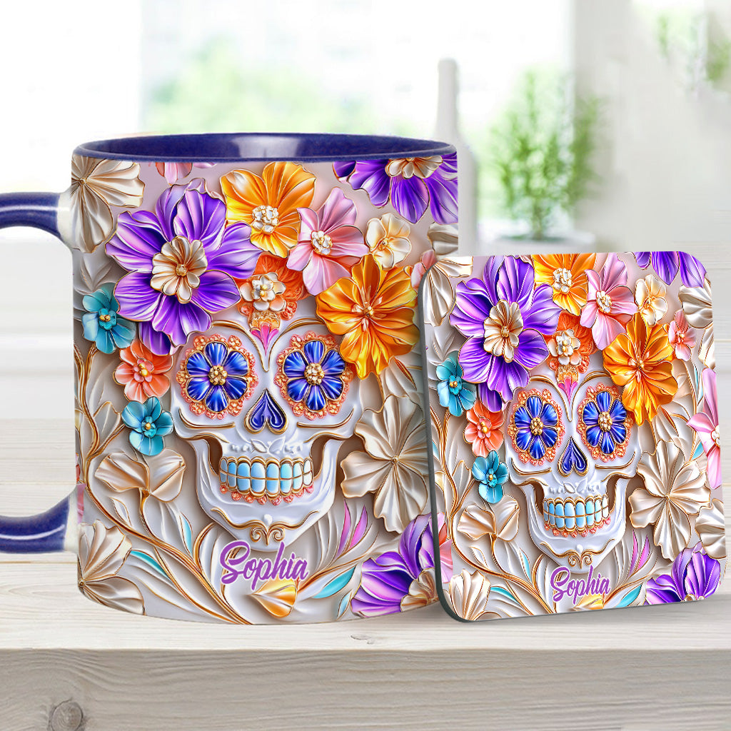 Personalisierte Tasse mit Totenkopf-Motiv und Blumendekor