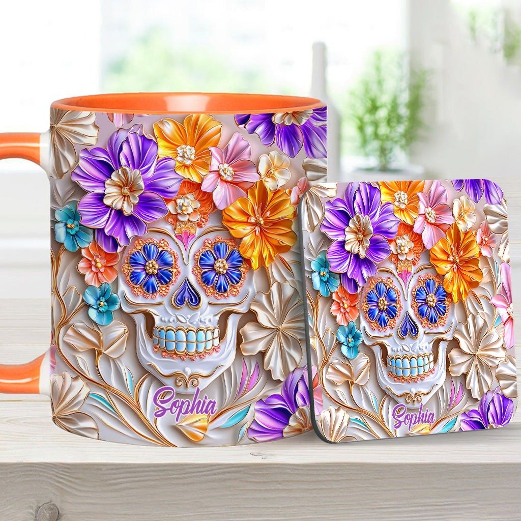 Personalisierte Tasse mit Totenkopf-Motiv und Blumendekor