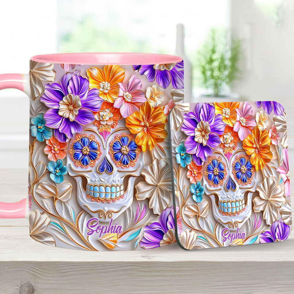 Personalisierte Tasse mit Totenkopf-Motiv und Blumendekor