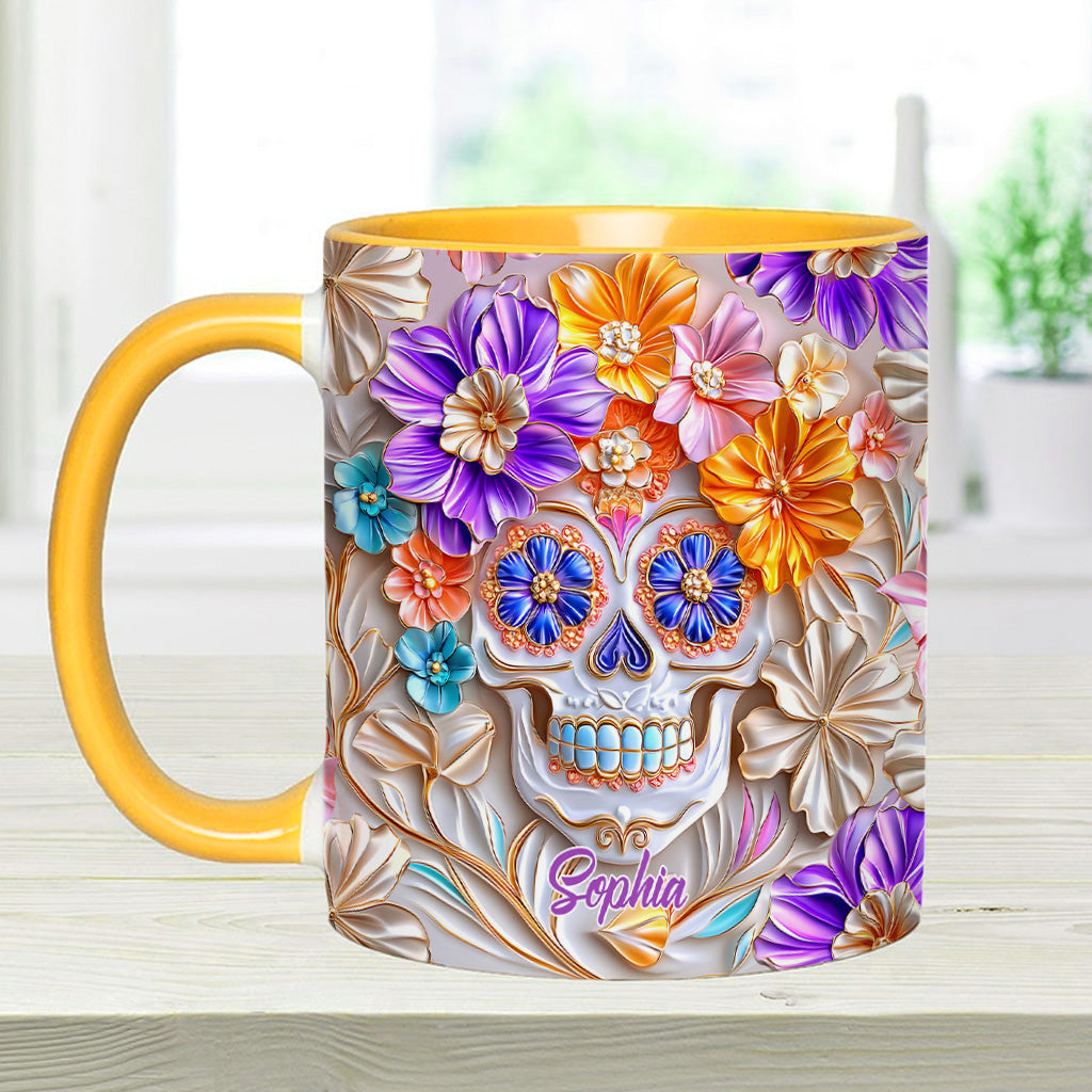 Personalisierte Tasse mit Totenkopf-Motiv und Blumendekor