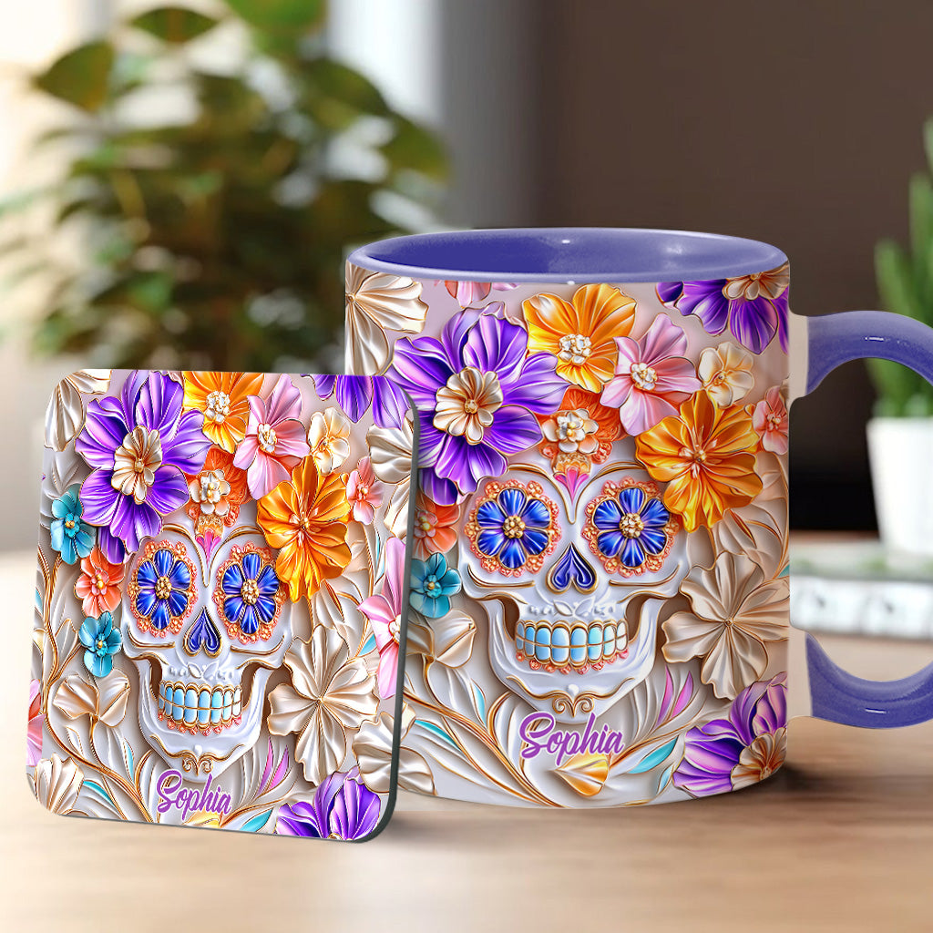 Personalisierte Tasse mit Totenkopf-Motiv und Blumendekor