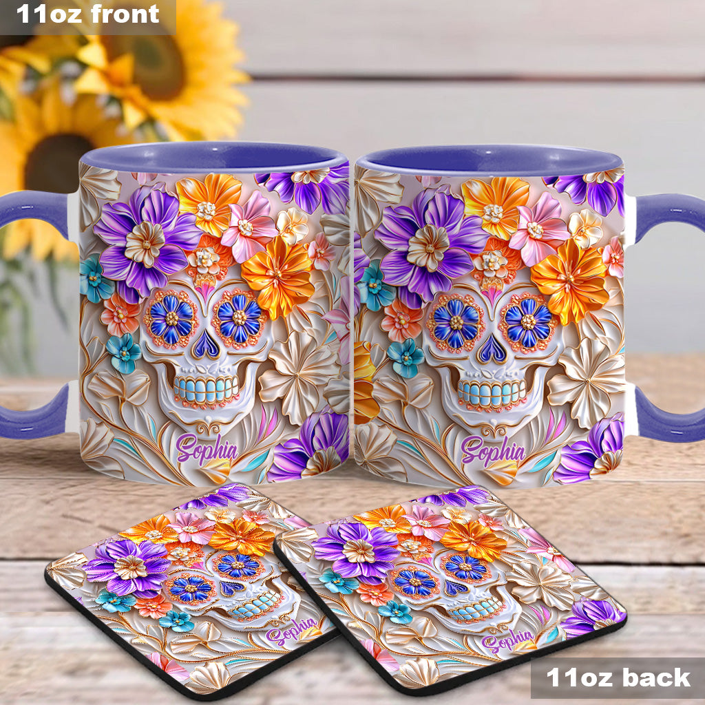 Personalisierte Tasse mit Totenkopf-Motiv und Blumendekor