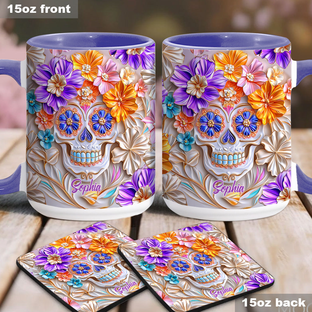 Personalisierte Tasse mit Totenkopf-Motiv und Blumendekor