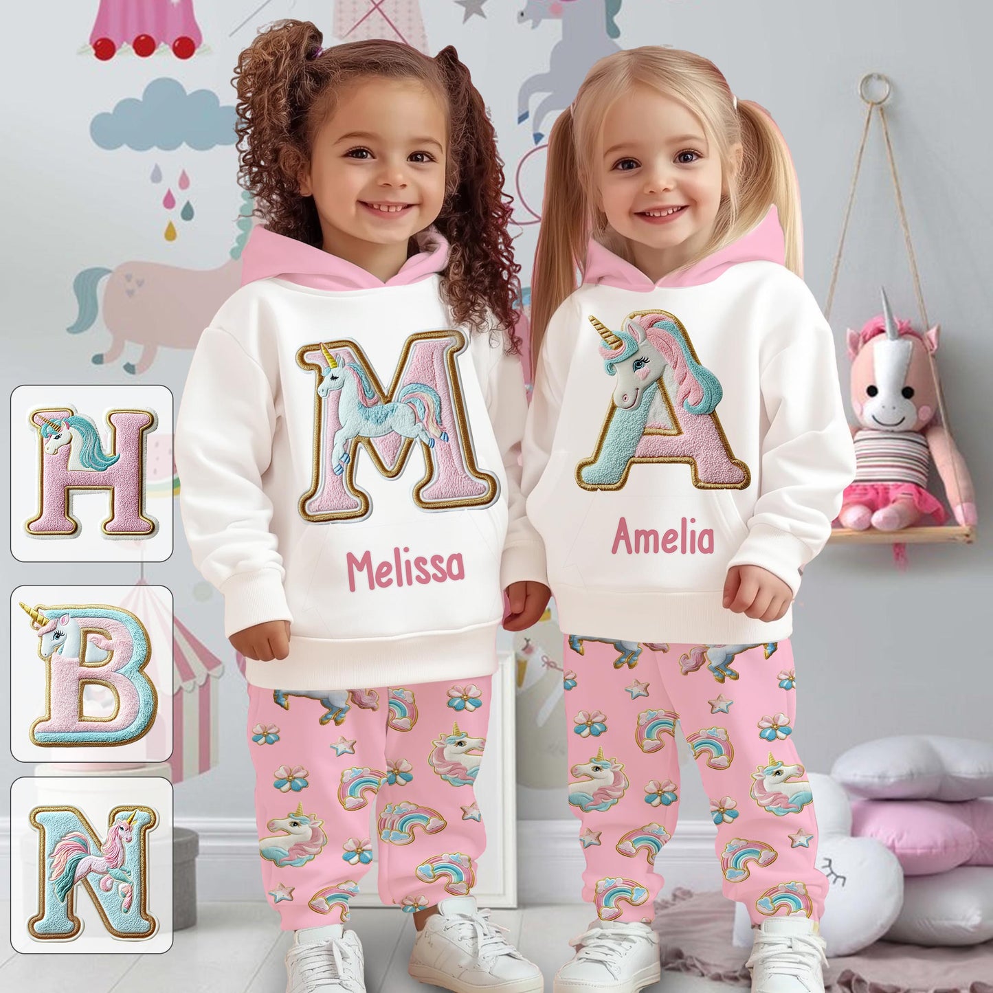 Wunderschönes Einhorn-Alphabet – personalisierter Kinder-Hoodie und Kinder-Jogginghose
