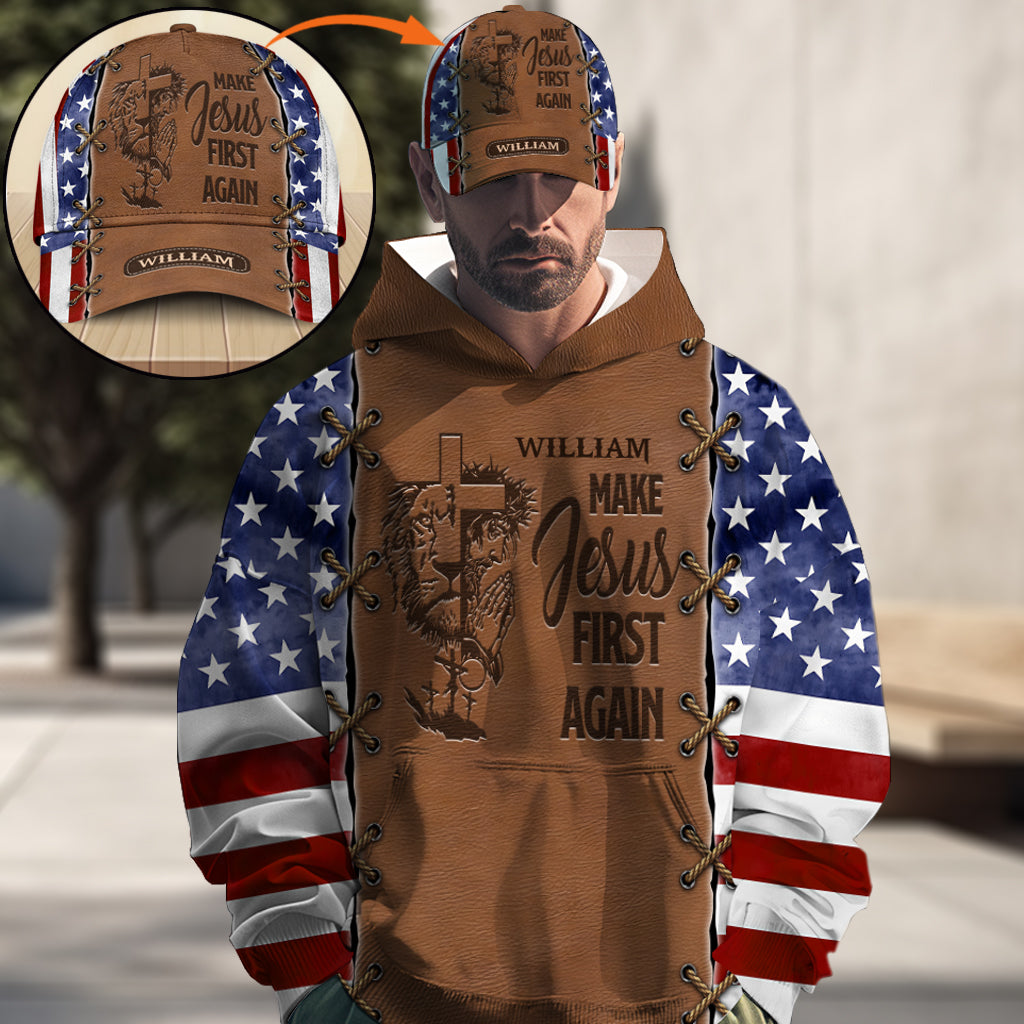 Jesus wieder an die erste Stelle setzen – Personalisierter Hoodie mit christlichem Allover-Print & Klassische Kappe