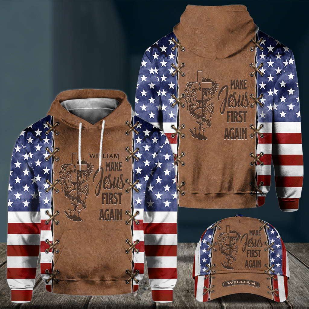 Jesus wieder an die erste Stelle setzen – Personalisierter Hoodie mit christlichem Allover-Print & Klassische Kappe