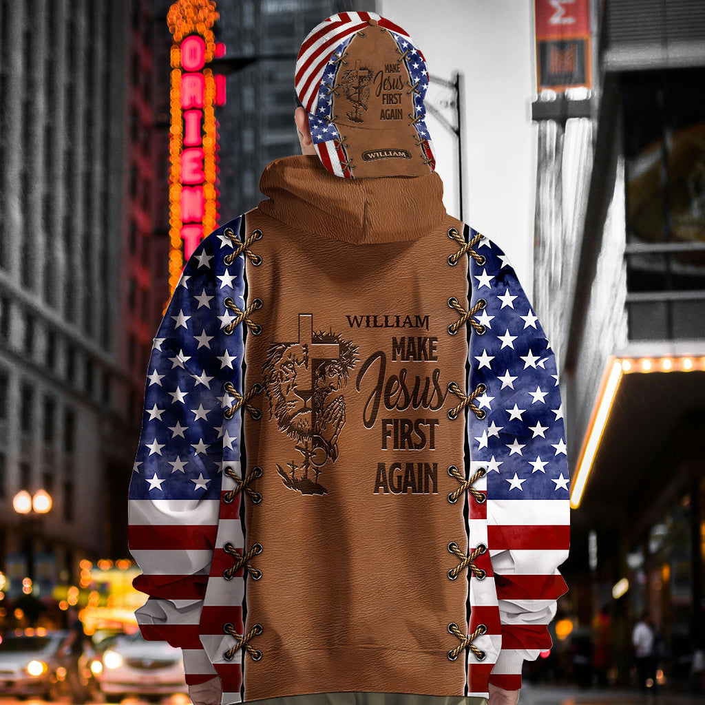 Jesus wieder an die erste Stelle setzen – Personalisierter Hoodie mit christlichem Allover-Print & Klassische Kappe