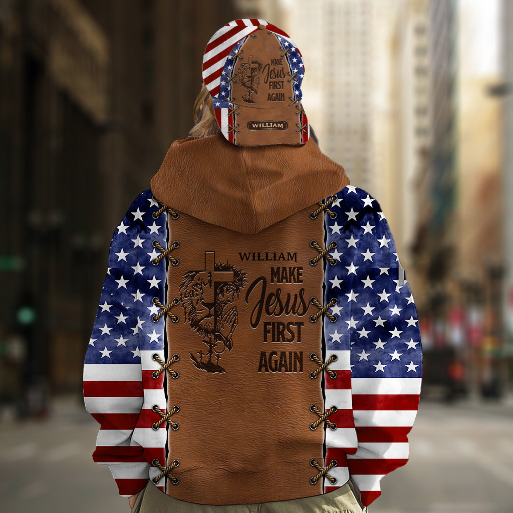 Jesus wieder an die erste Stelle setzen – Personalisierter Hoodie mit christlichem Allover-Print & Klassische Kappe