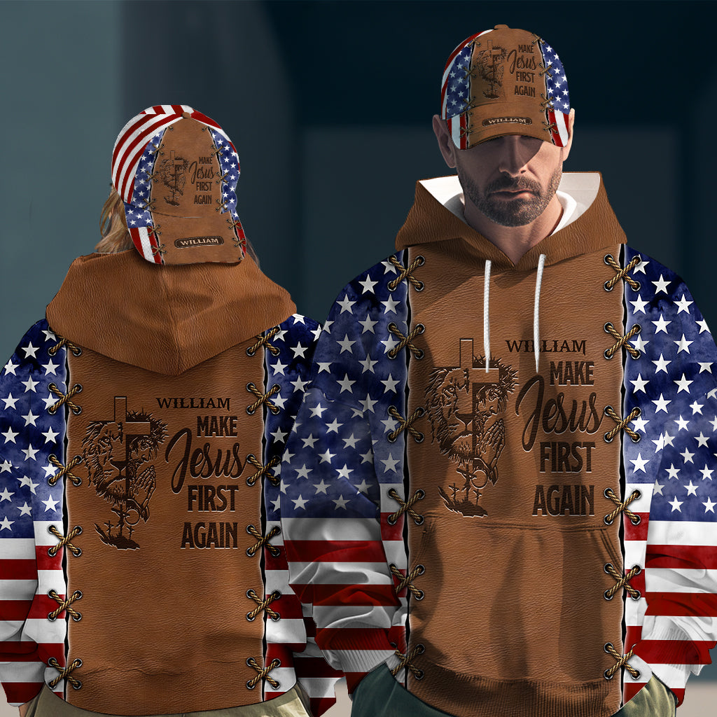 Jesus wieder an die erste Stelle setzen – Personalisierter Hoodie mit christlichem Allover-Print & Klassische Kappe