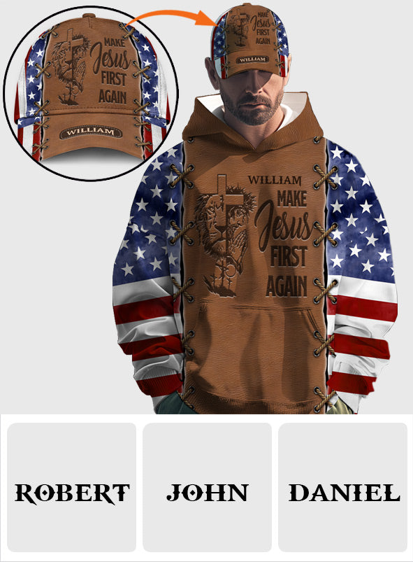 Jesus wieder an die erste Stelle setzen – Personalisierter Hoodie mit christlichem Allover-Print & Klassische Kappe