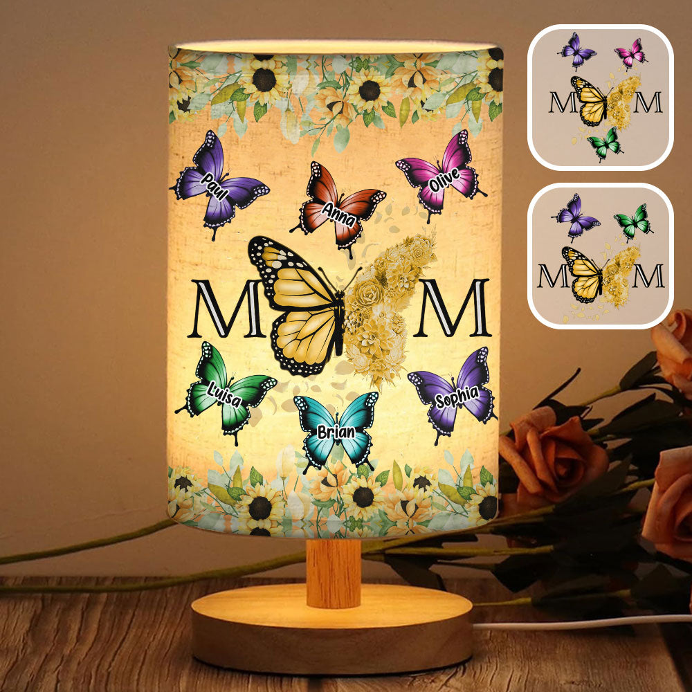 Florale Schmetterlinge – Personalisierte Tischleuchte „Mutter“ mit Holzsockel