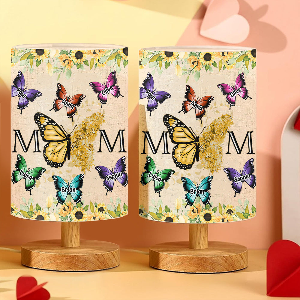 Florale Schmetterlinge – Personalisierte Tischleuchte „Mutter“ mit Holzsockel
