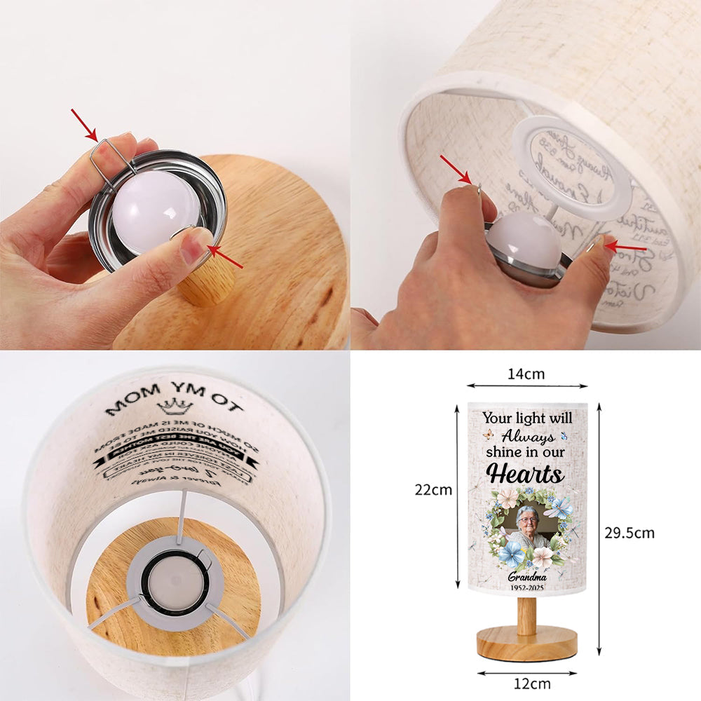 Dein Licht wird in unseren Herzen weiterleuchten – Personalisierte Gedenk-Tischleuchte mit Holzsockel