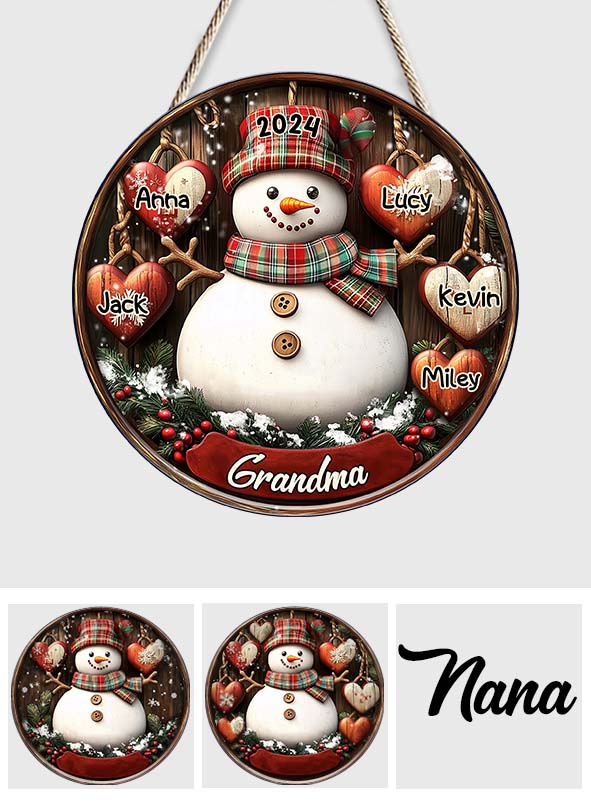 Schneemann-Oma - Personalisiertes rundes Holzschild „Oma“