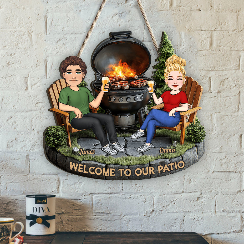 Welcome To Our Patio - Personalized Couple Custom Shaped Wood Sign