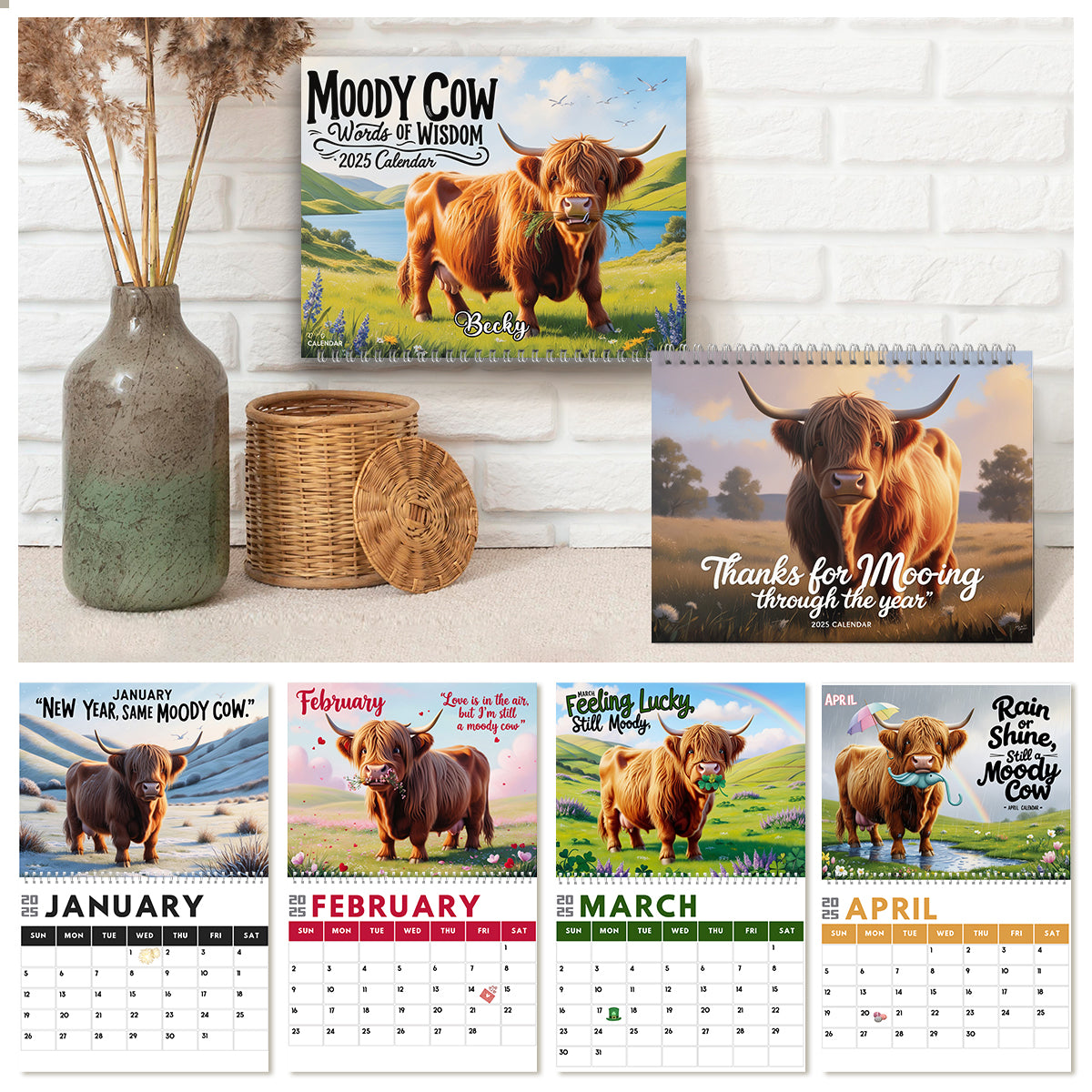 Moody Highland Cow 2025 - Personalized Highland Cow Wall Calendar & Desk Calendar