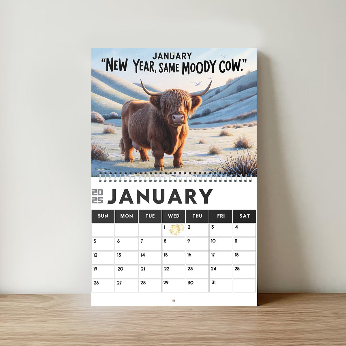 Moody Highland Cow 2025 - Personalized Highland Cow Wall Calendar & Desk Calendar