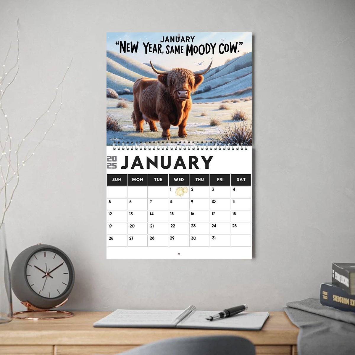 Moody Highland Cow 2025 - Personalized Highland Cow Wall Calendar & Desk Calendar
