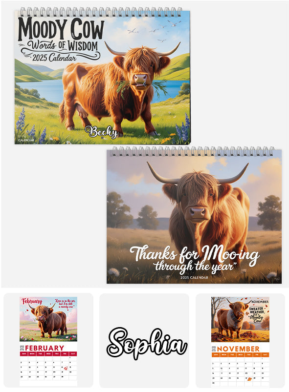 Moody Highland Cow 2025 - Personalized Highland Cow Wall Calendar & Desk Calendar