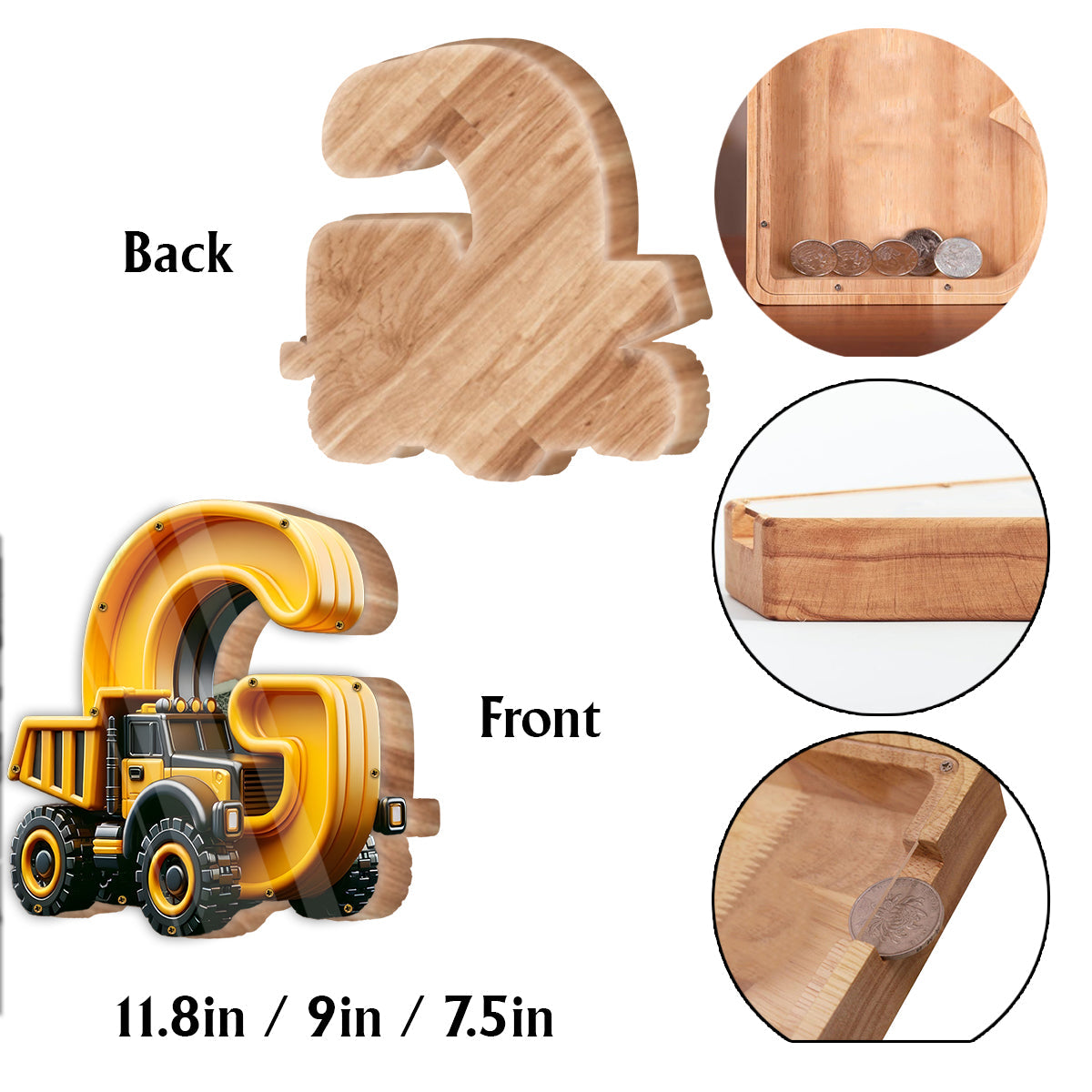 Baustellenfahrzeug-Alphabet – Personalisierte Spardose aus Holz für Kinder