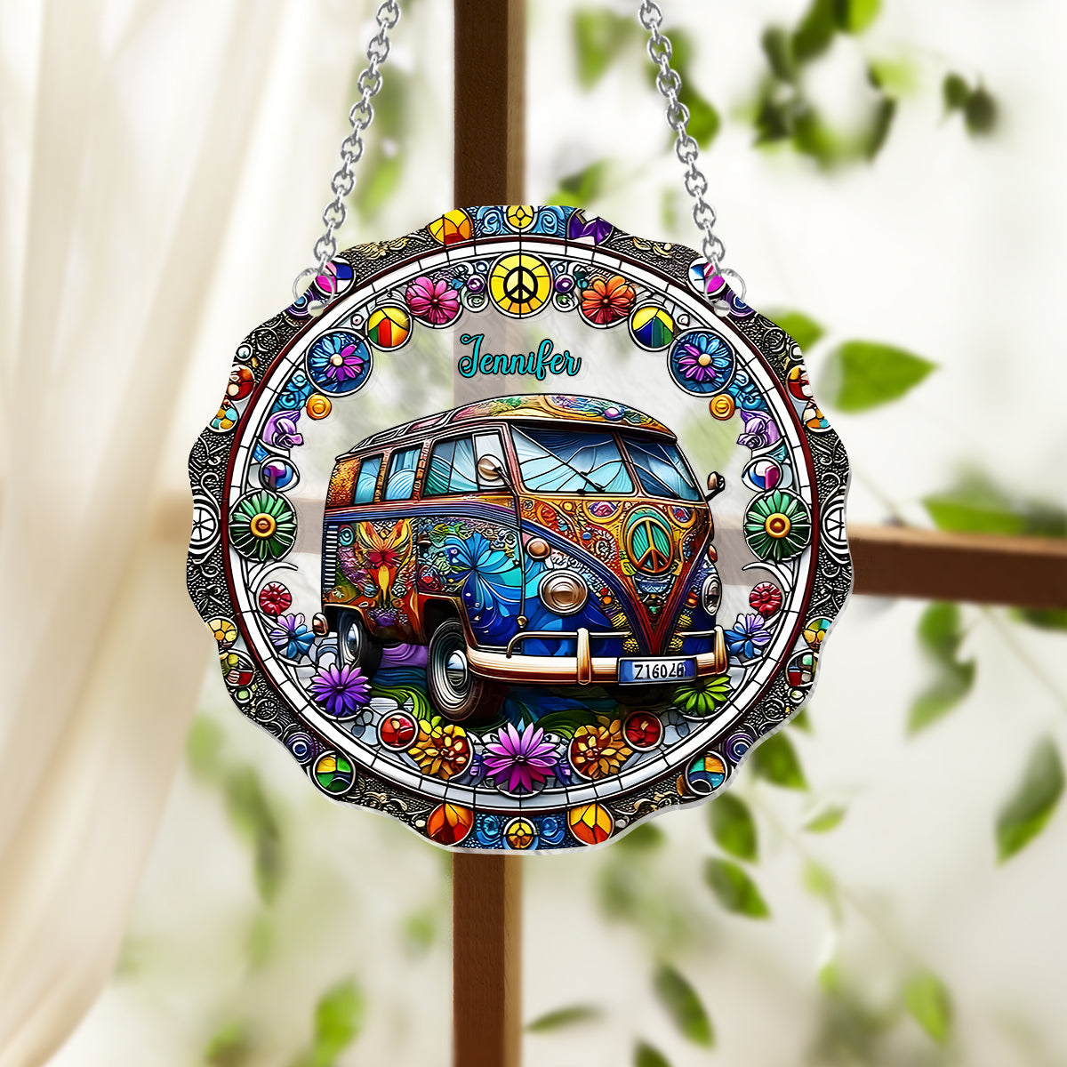 Cool Caravan – Personalisierter Hippie-Fensterhänger als Sonnenfänger