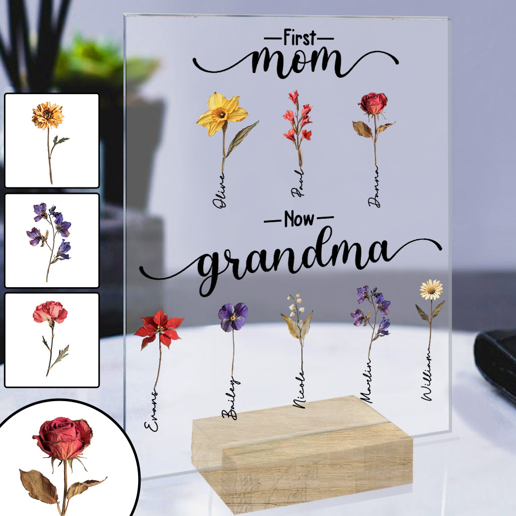 Erst Mutter, jetzt Oma, Geburtsblume personalisieren - Personalisierte transparente Acrylplakette für Oma