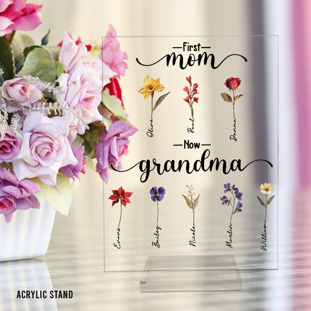 Erst Mutter, jetzt Oma, Geburtsblume personalisieren - Personalisierte transparente Acrylplakette für Oma