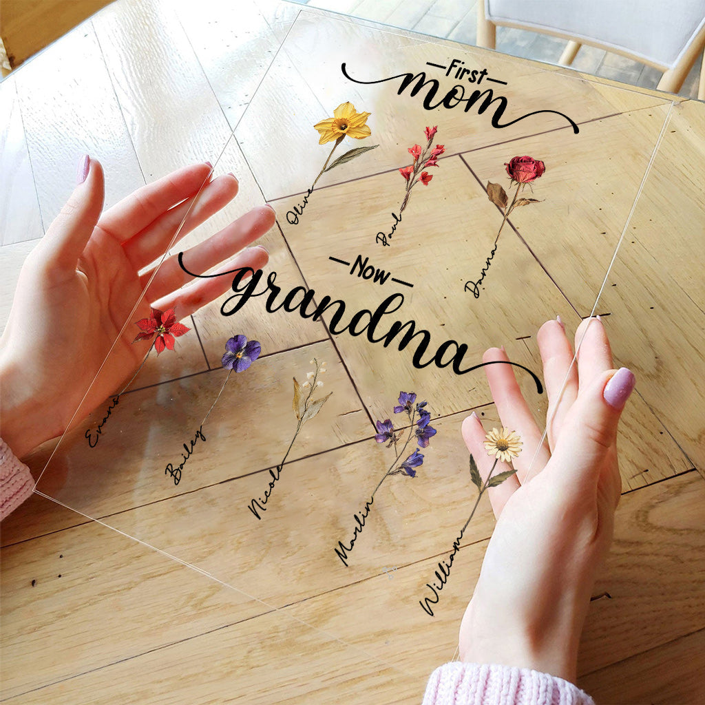 Erst Mutter, jetzt Oma, Geburtsblume personalisieren - Personalisierte transparente Acrylplakette für Oma