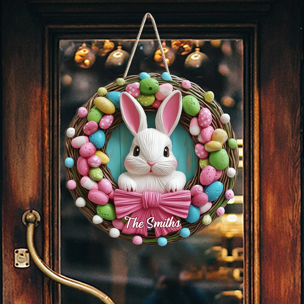 Osterhasenkranz - Personalisiertes, individuell geformtes Holzschild für die Familie