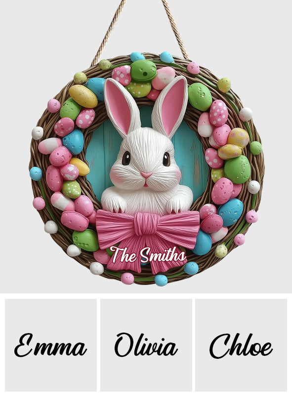 Osterhasenkranz - Personalisiertes, individuell geformtes Holzschild für die Familie