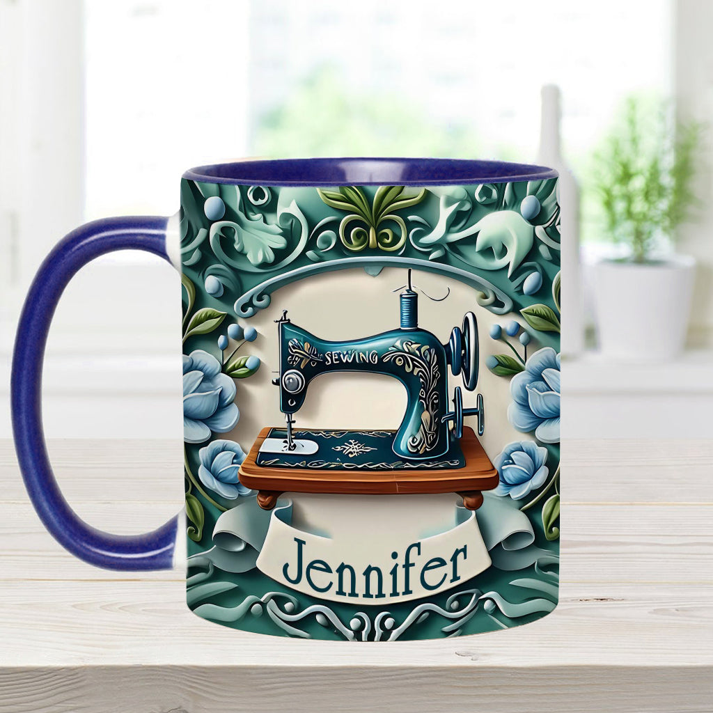 Blaue Nähmaschine – Personalisierte Tasse mit Nähmotiv