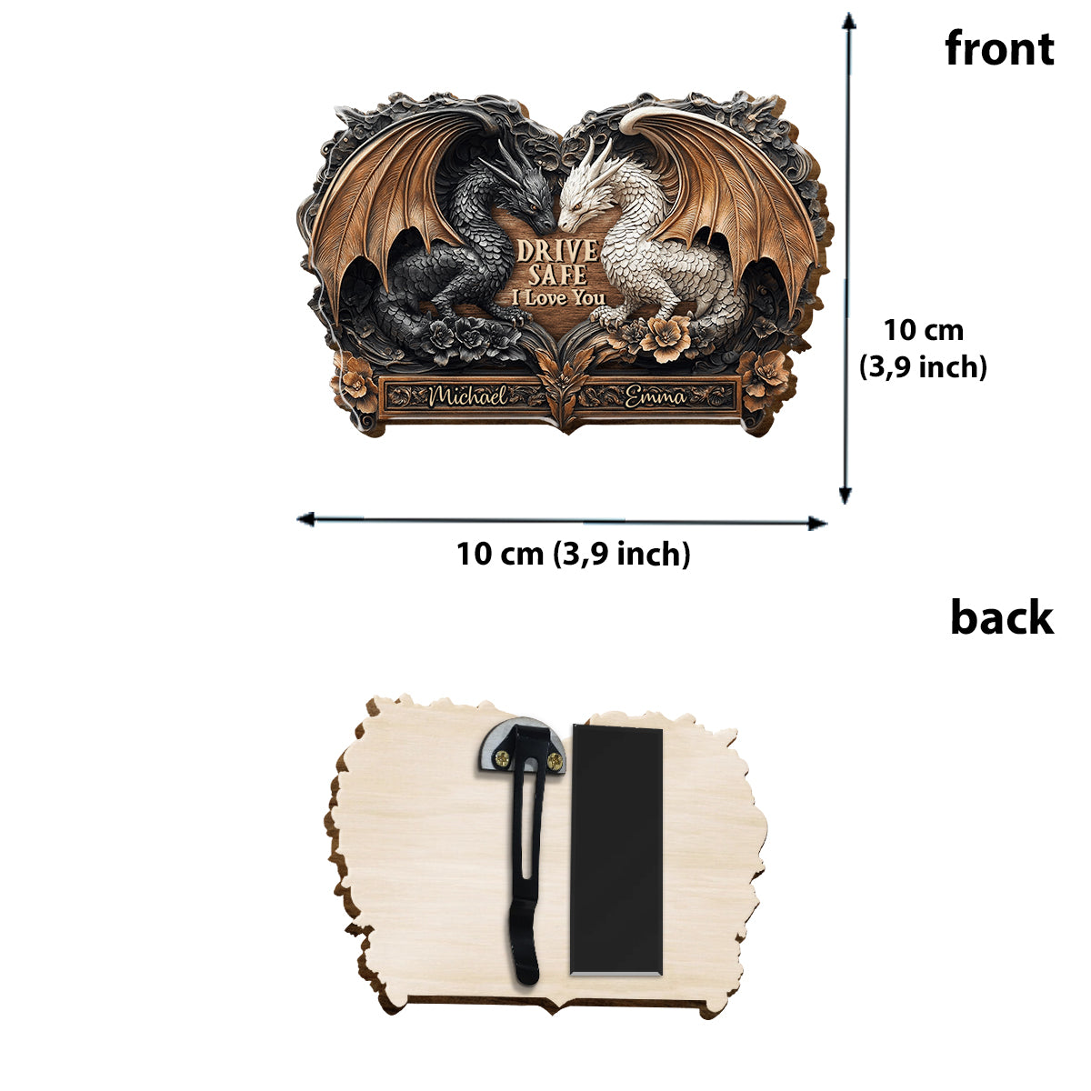 Fahr vorsichtig, ich liebe dich – personalisierter, drachenförmiger Auto-Sonnenblendenclip