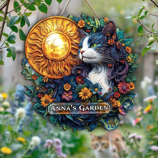 Blumenkatze – Personalisiertes Gartenschild aus Holz in individueller Form