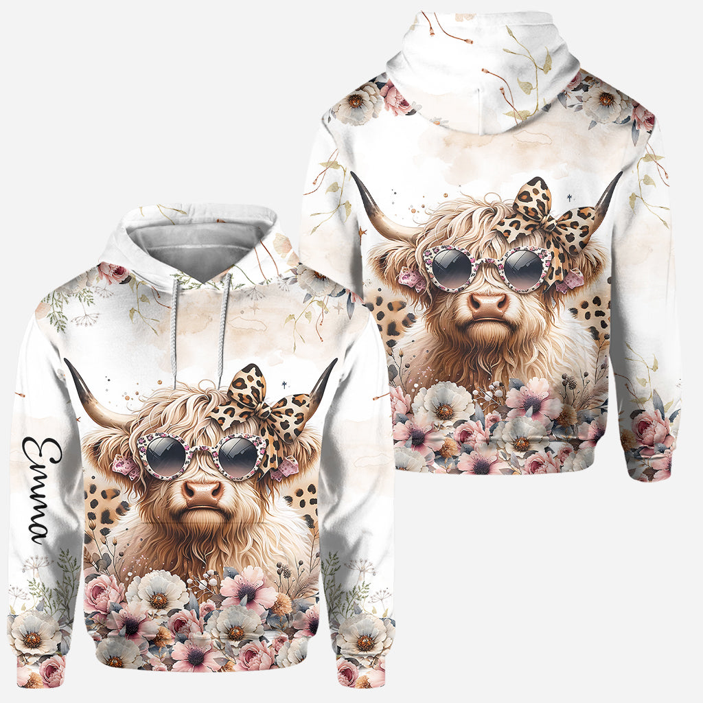 Cool Cow With Leopard Glasses - Personalized Highland Cow Hoodie and Leggings