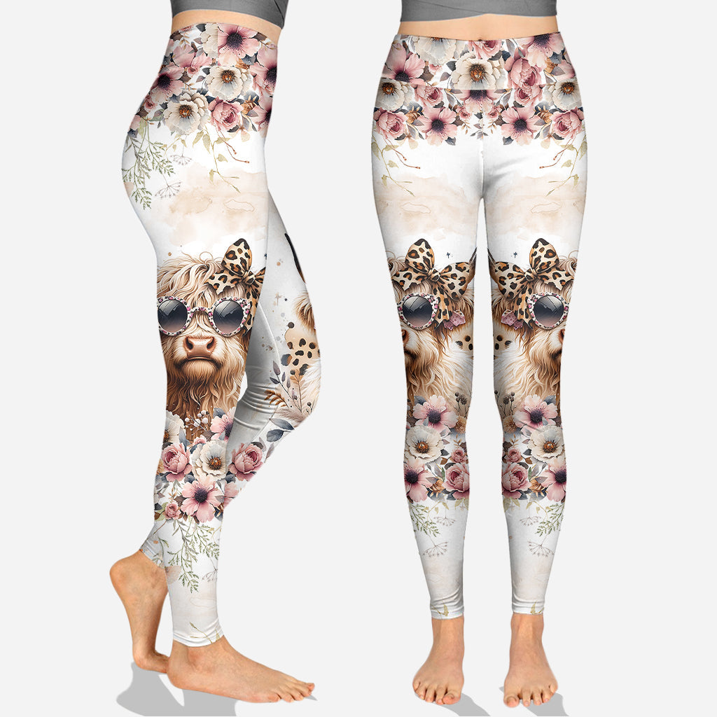 Cool Cow With Leopard Glasses - Personalized Highland Cow Hoodie and Leggings