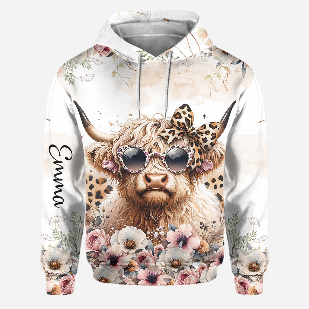 Cool Cow With Leopard Glasses - Personalized Highland Cow Hoodie and Leggings