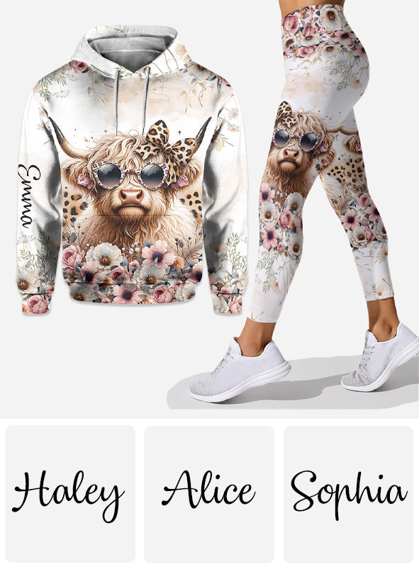 Cool Cow With Leopard Glasses - Personalized Highland Cow Hoodie and Leggings